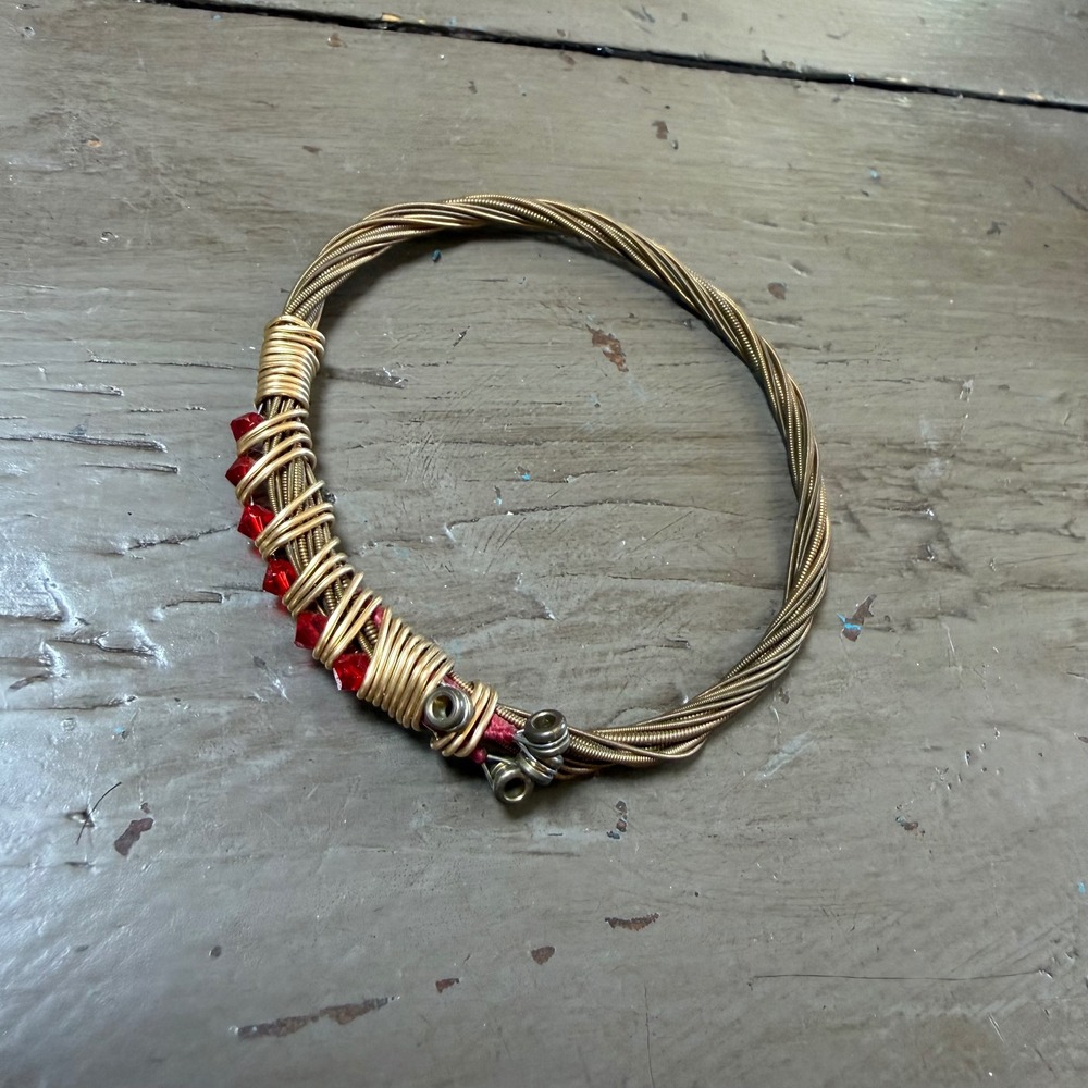 Handmade Guitar String Bangle Bracelet Red Crystal Upcycled Music Jewelry Artsy
